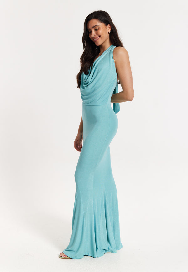 Liquorish Blue Lurex Draped Halter Neck Maxi Dress