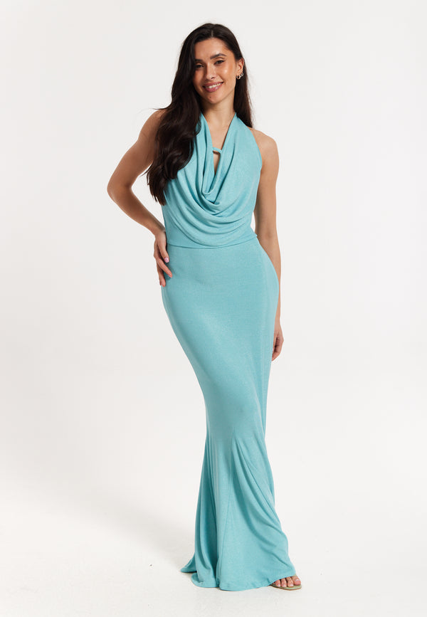 Liquorish Blue Lurex Draped Halter Neck Maxi Dress