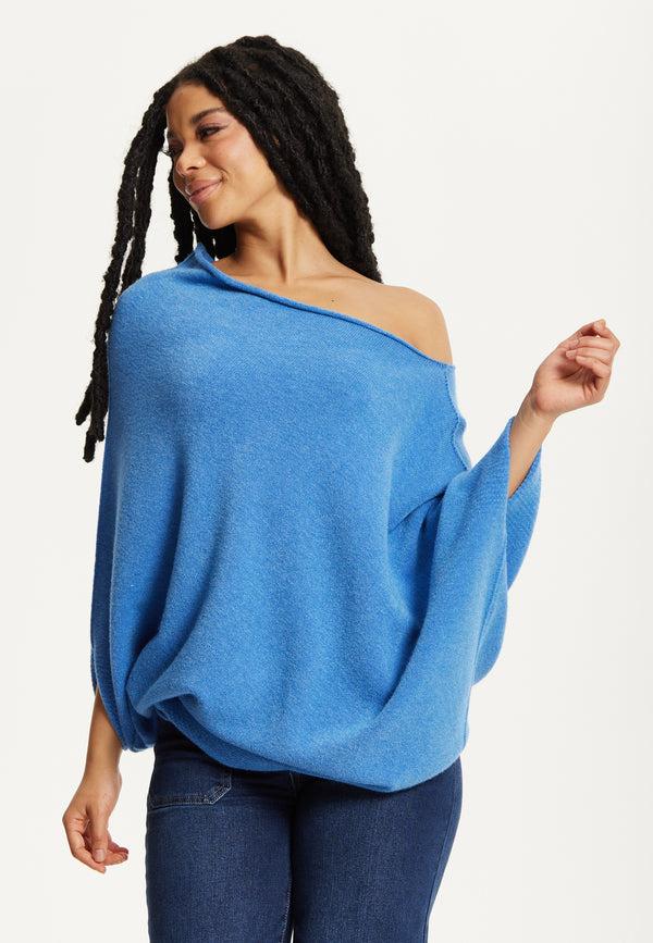 Liquorish Blue Off-Shoulder Knit Poncho Top