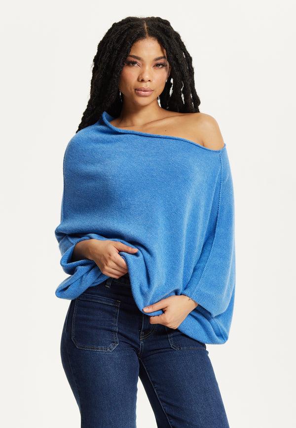 Liquorish Blue Off-Shoulder Knit Poncho Top