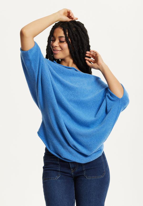 Liquorish Blue Off-Shoulder Knit Poncho Top