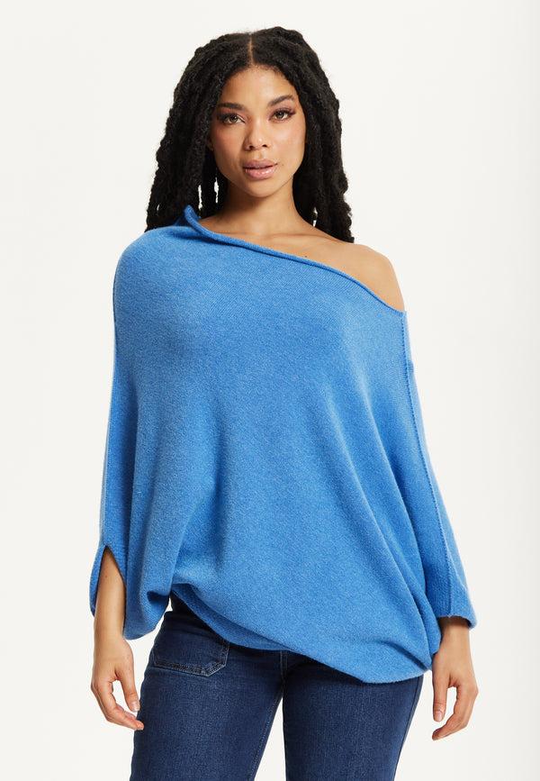 Liquorish Blue Off-Shoulder Knit Poncho Top