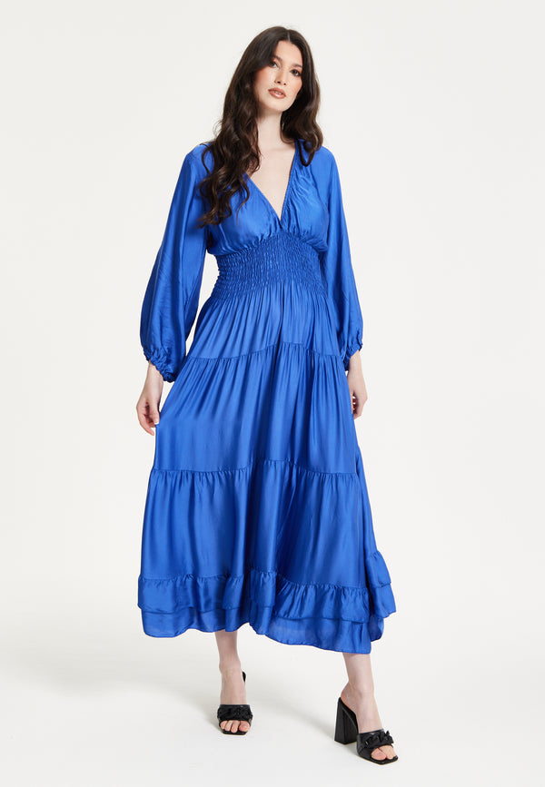 Liquorish Blue Shirred Waist Satin Maxi Dress