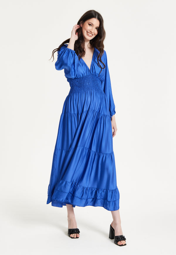 Liquorish Blue Shirred Waist Satin Maxi Dress