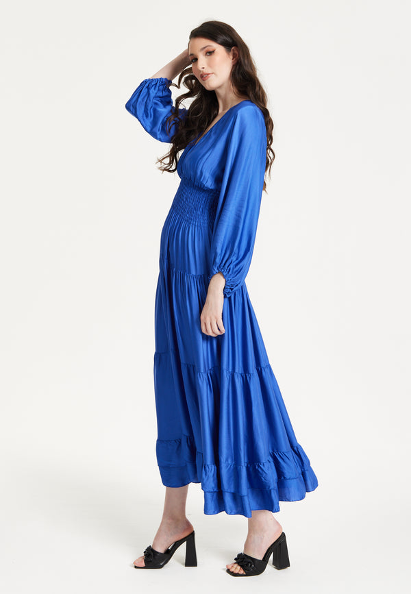 Liquorish Blue Shirred Waist Satin Maxi Dress