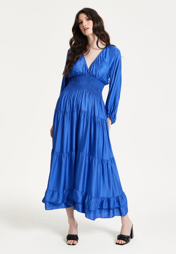 Liquorish Blue Shirred Waist Satin Maxi Dress