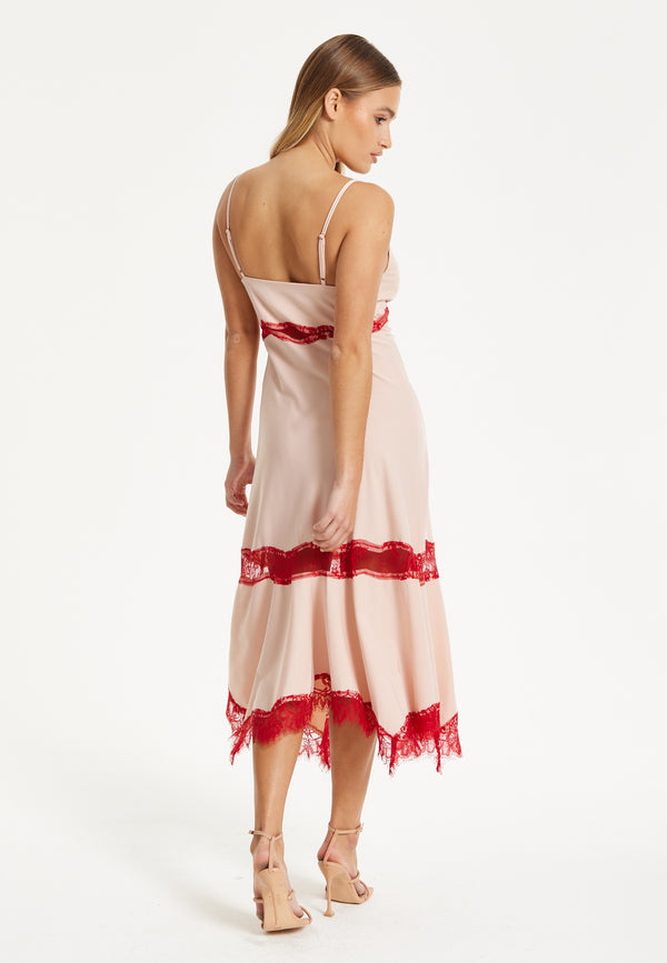 Liquorish Liquorish Blush Midi Dress With Red Lace Trim