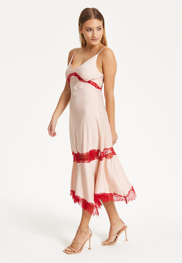 Liquorish Liquorish Blush Midi Dress With Red Lace Trim