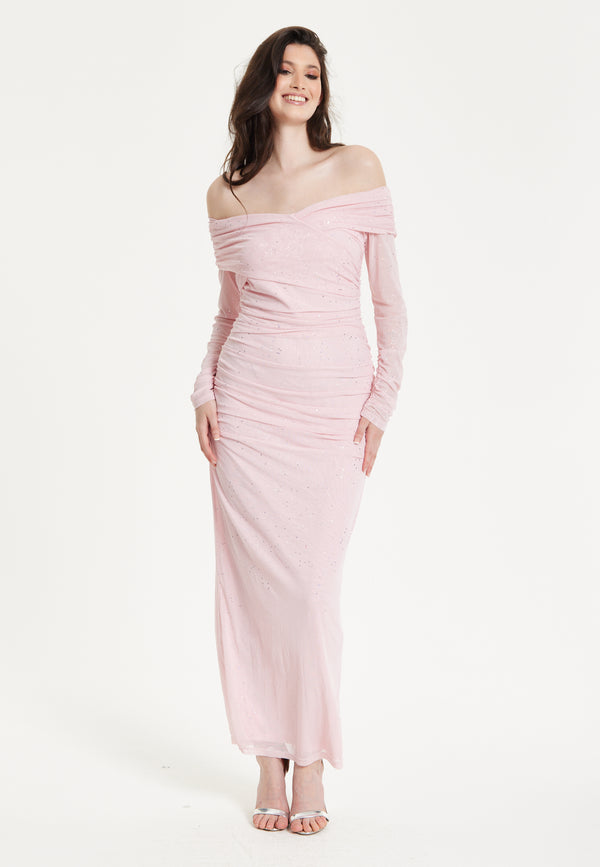 Liquorish Blush Off-Shoulder Ruched Maxi Dress