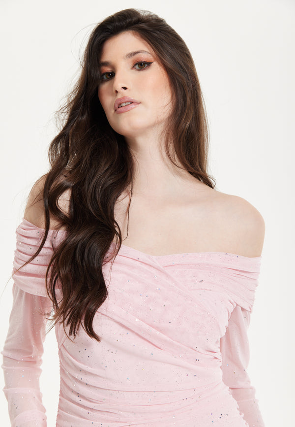 Liquorish Blush Off-Shoulder Ruched Maxi Dress