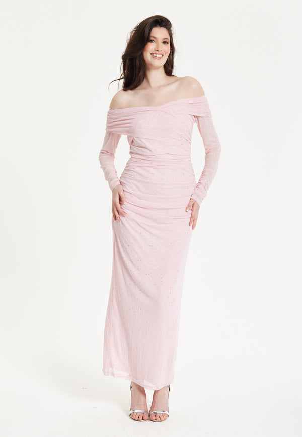Liquorish Blush Off-Shoulder Ruched Maxi Dress