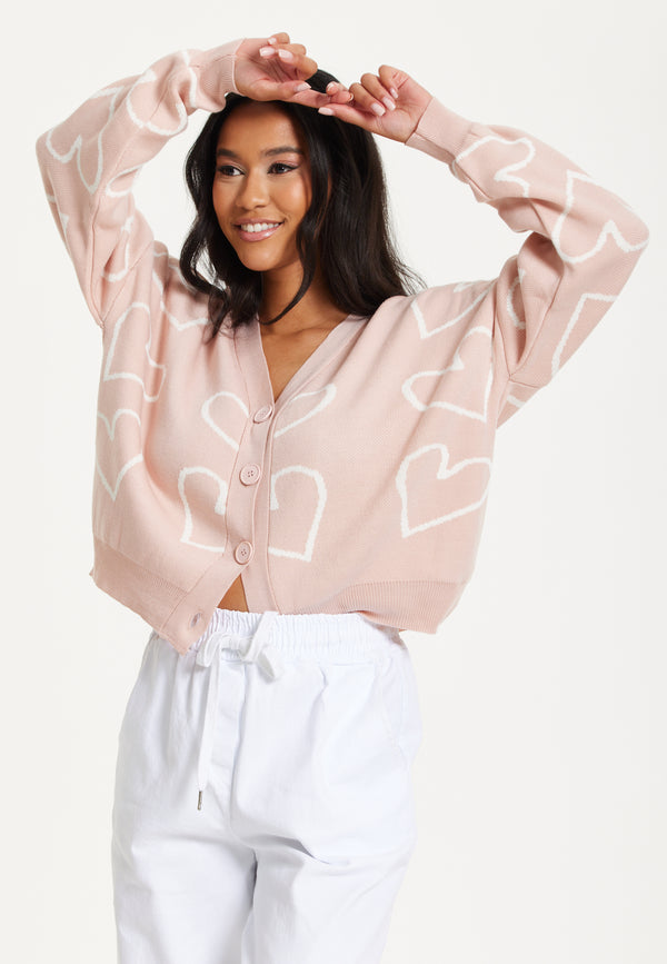 Liquorish Blush Pink Heart Print Cardigan