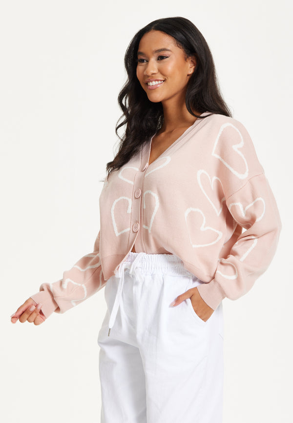 Liquorish Blush Pink Heart Print Cardigan