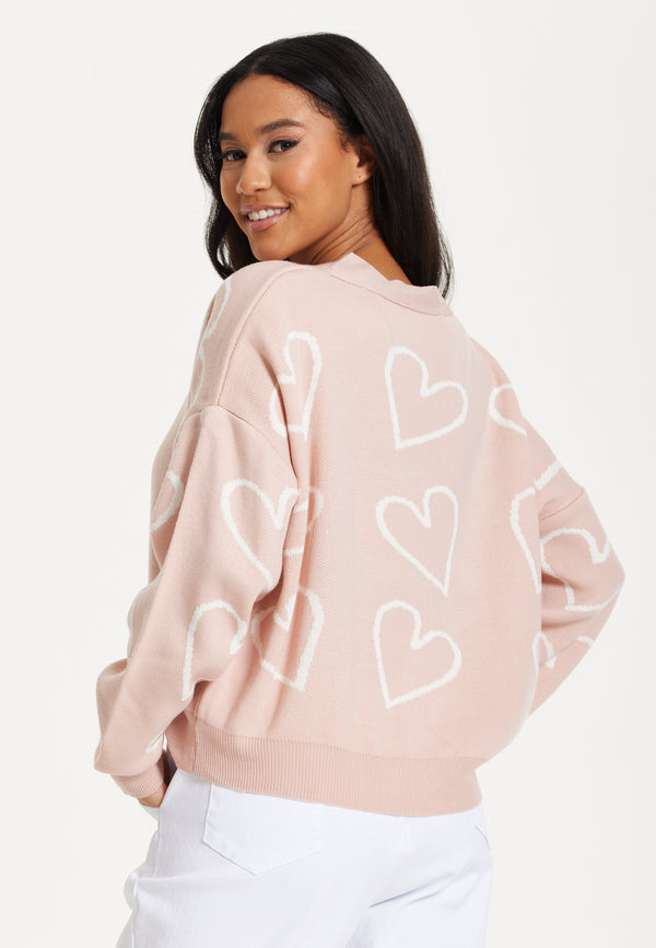 Liquorish Blush Pink Heart Print Cardigan