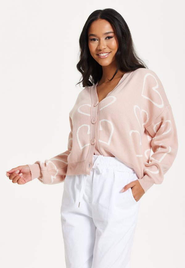 Liquorish Blush Pink Heart Print Cardigan