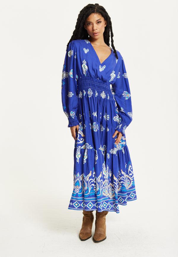 Liquorish Boho Print Shirred Wrap Front Maxi Dress