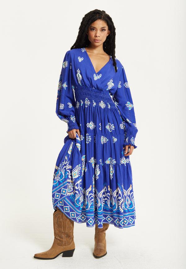 Liquorish Boho Print Shirred Wrap Front Maxi Dress