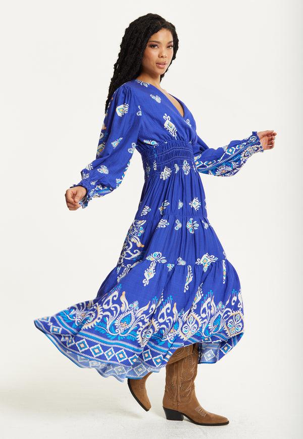 Liquorish Boho Print Shirred Wrap Front Maxi Dress
