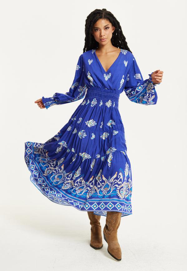 Liquorish Boho Print Shirred Wrap Front Maxi Dress