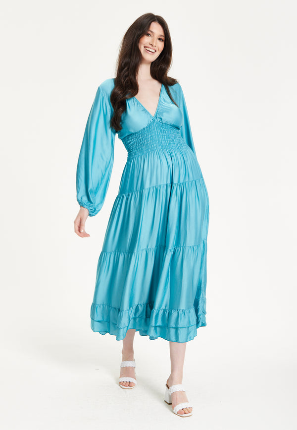 Liquorish Bright Blue Tiered Midi Dress