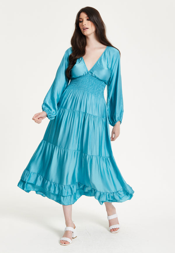 Liquorish Bright Blue Tiered Midi Dress
