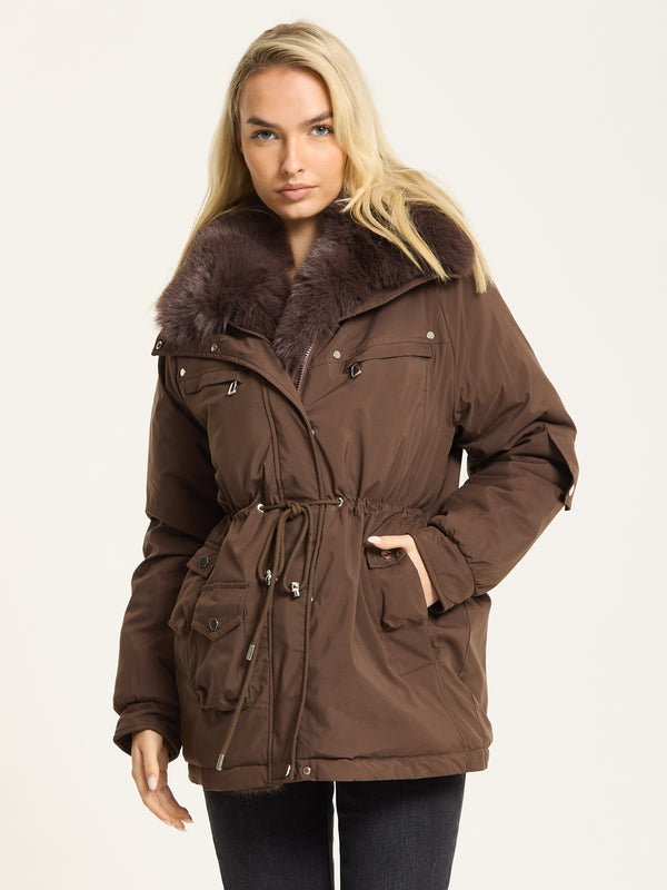 Liquorish Brown Faux Fur Parka Coat
