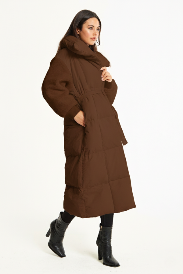 Liquorish Brown Longline Belted Puffer Coat