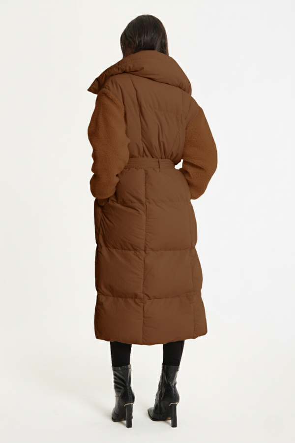 Liquorish Brown Longline Belted Puffer Coat
