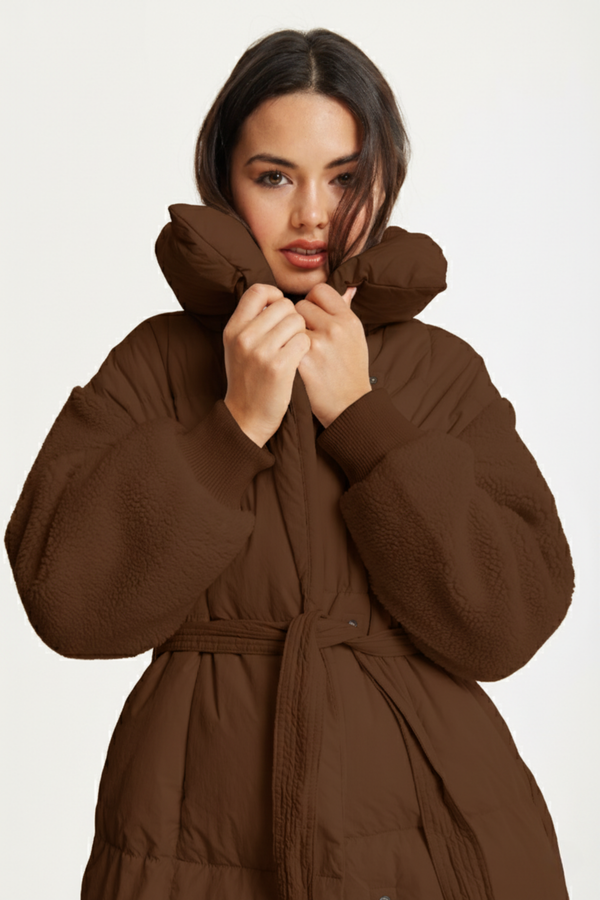 Liquorish Brown Longline Belted Puffer Coat