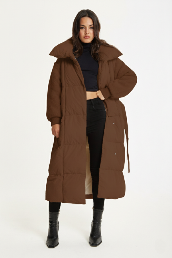 Liquorish Brown Longline Belted Puffer Coat