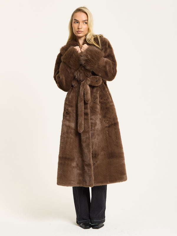 Liquorish Brown Longline Faux Fur Coat