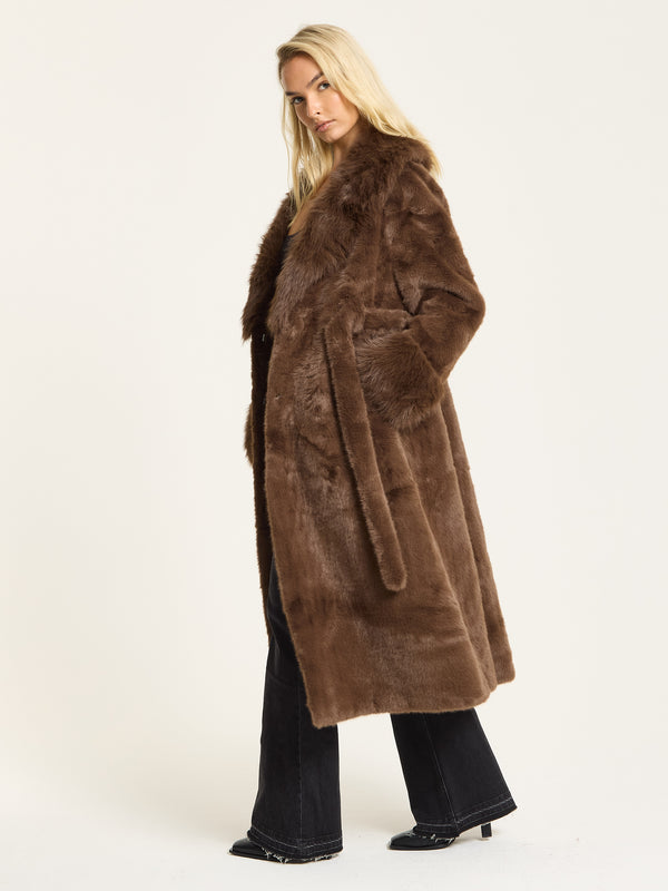 Liquorish Brown Longline Faux Fur Coat