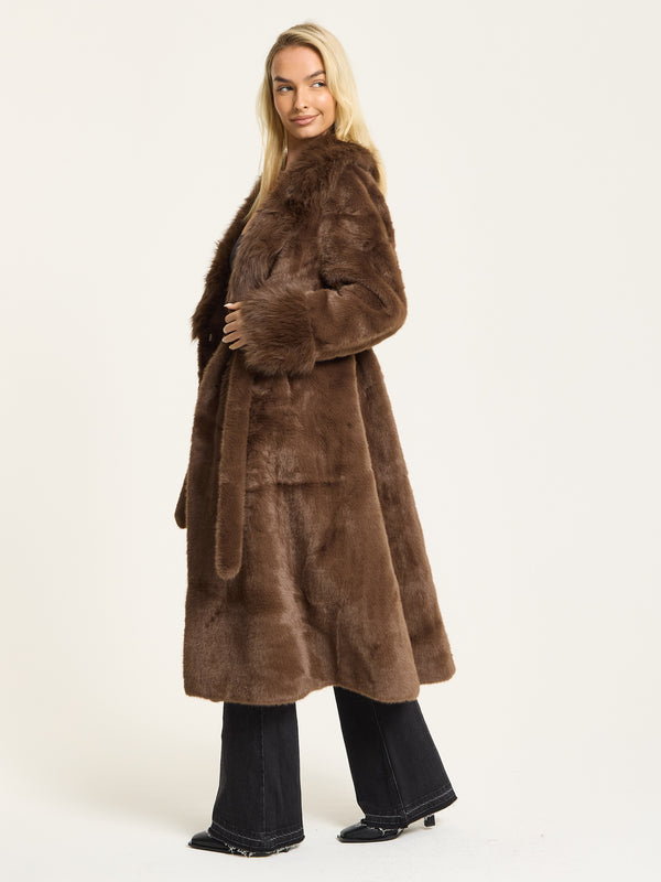 Liquorish Brown Longline Faux Fur Coat