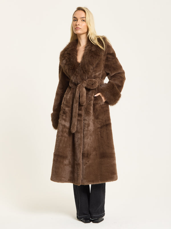 Liquorish Brown Longline Faux Fur Coat
