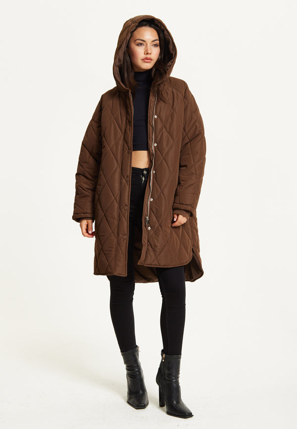 Liquorish Brown Quilted Oversized Hooded Coat