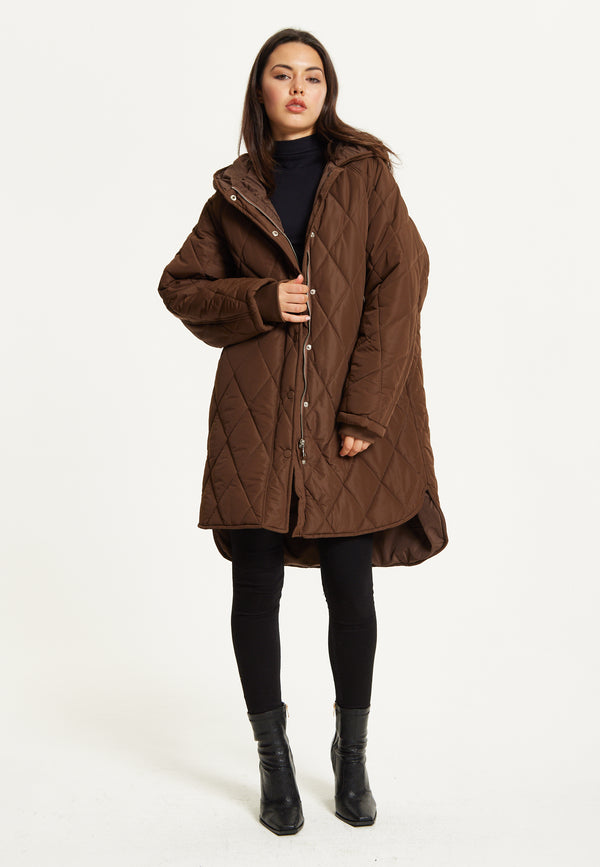 Liquorish Brown Quilted Oversized Hooded Coat