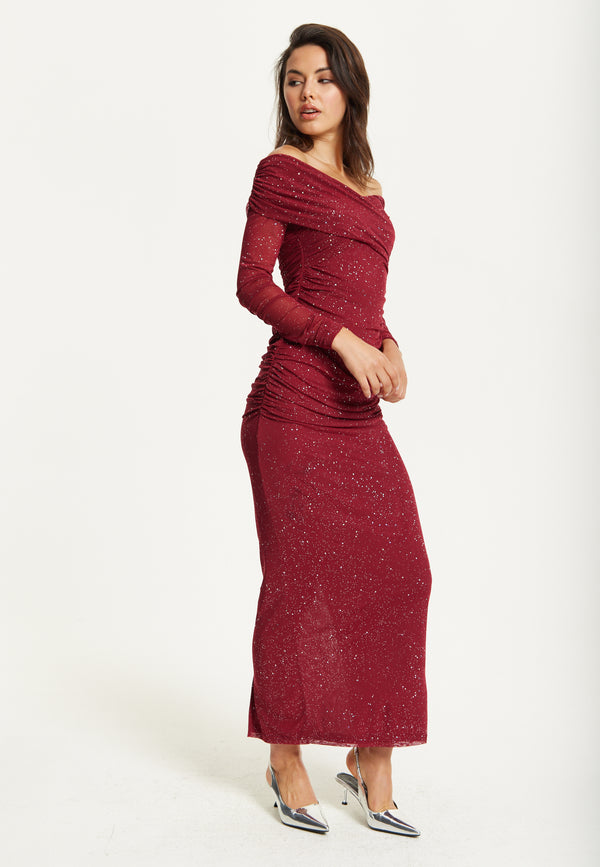 Liquorish Burgundy Glitter Off Shoulder Maxi Dress