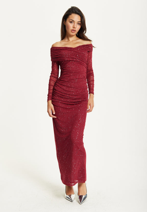 Liquorish Burgundy Glitter Off Shoulder Maxi Dress