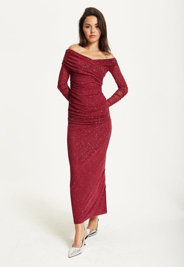 Liquorish Burgundy Glitter Off Shoulder Maxi Dress