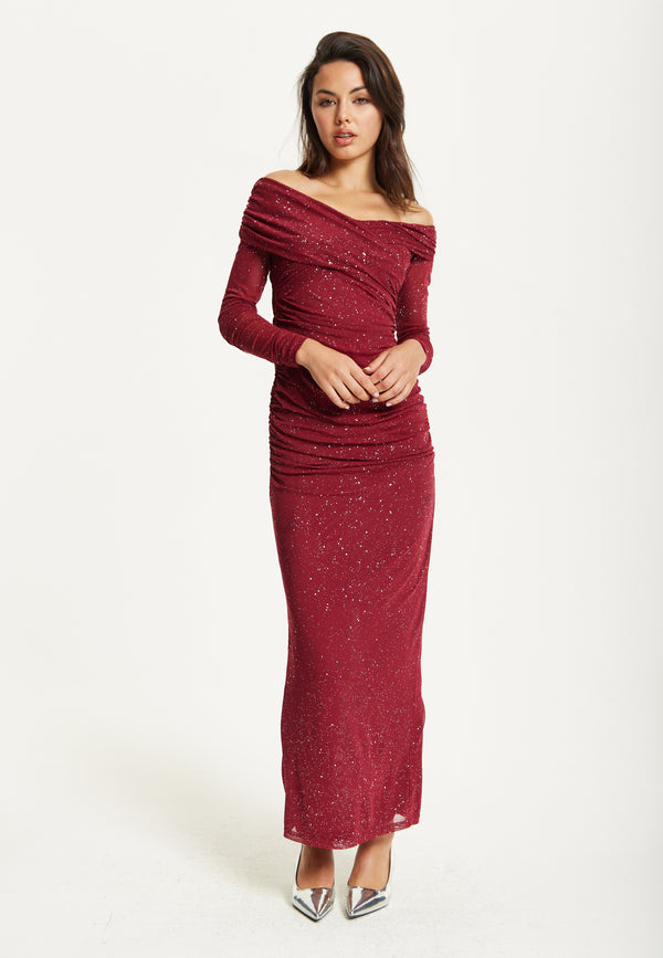 Liquorish Burgundy Glitter Off Shoulder Maxi Dress