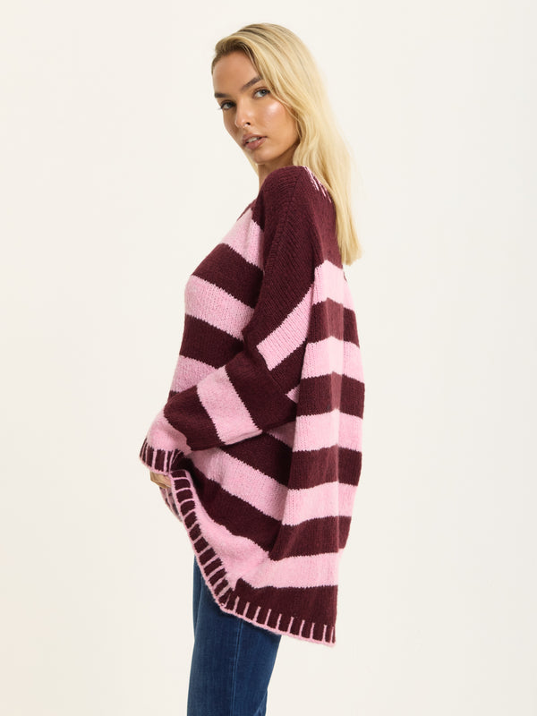 Liquorish Burgundy Pink Stripe Wool Blend Jumper