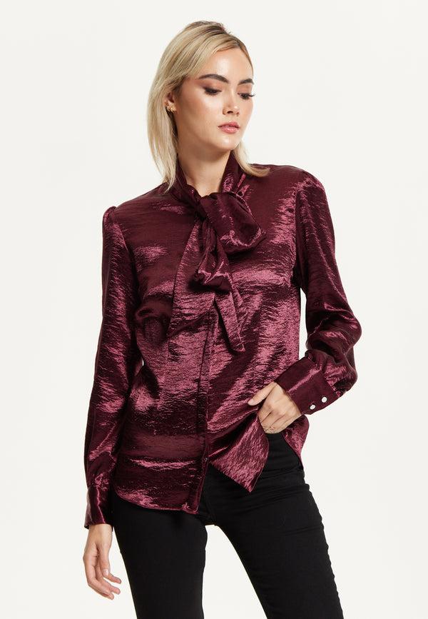Liquorish Burgundy Satin Tie Neck Blouse