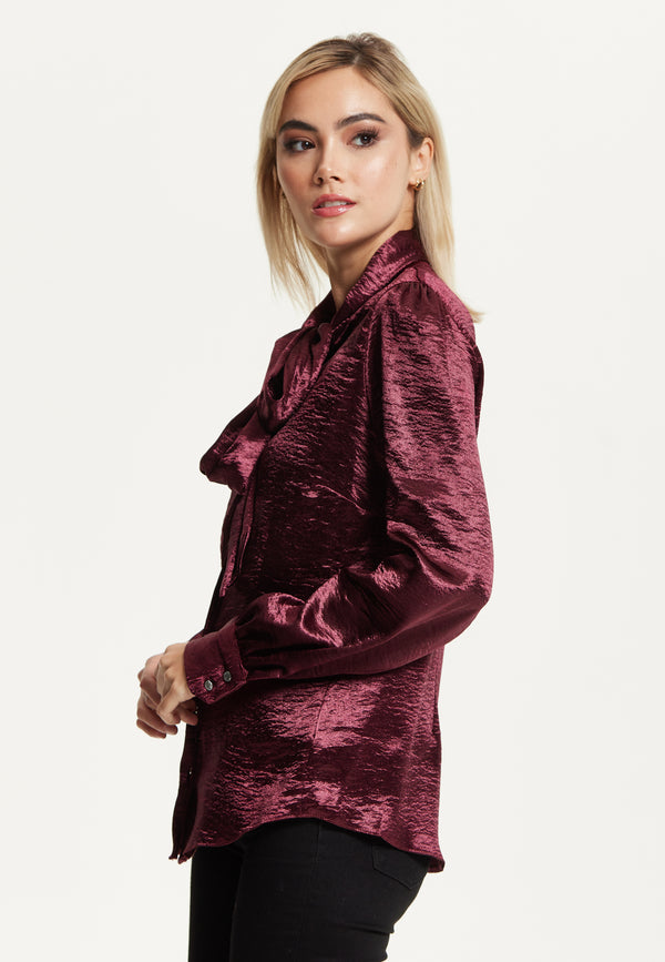 Liquorish Burgundy Satin Tie Neck Blouse