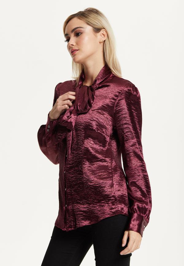 Liquorish Burgundy Satin Tie Neck Blouse