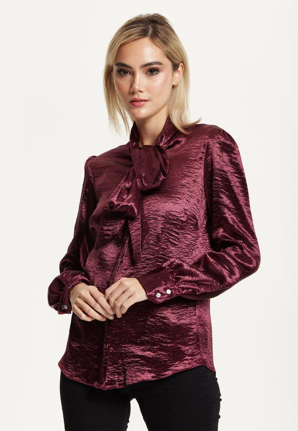 Liquorish Burgundy Satin Tie Neck Blouse