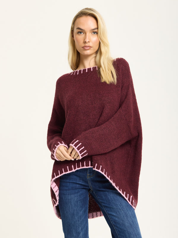 Liquorish Burgundy Wool Blend Jumper Pink Trim