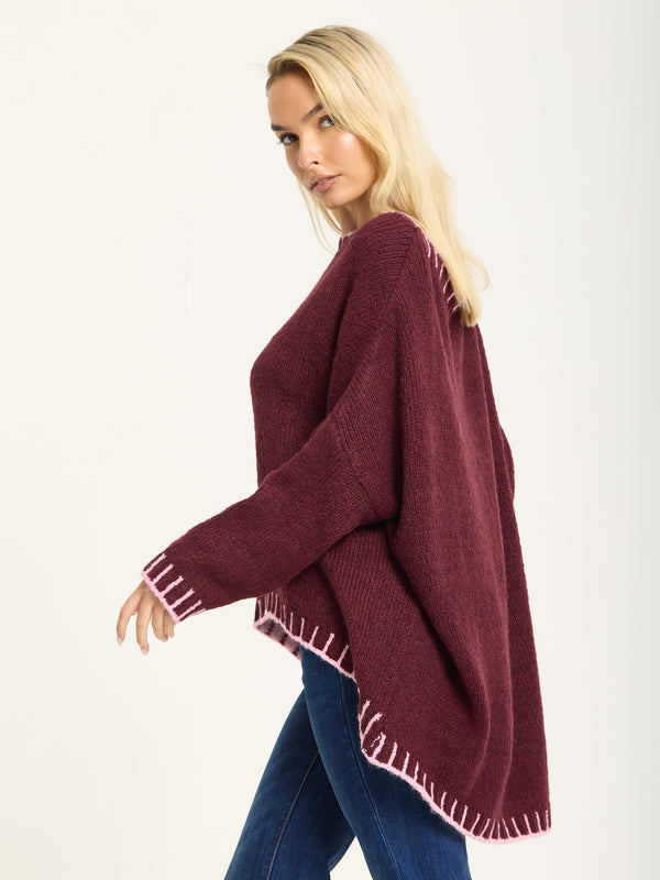 Liquorish Burgundy Wool Blend Jumper Pink Trim