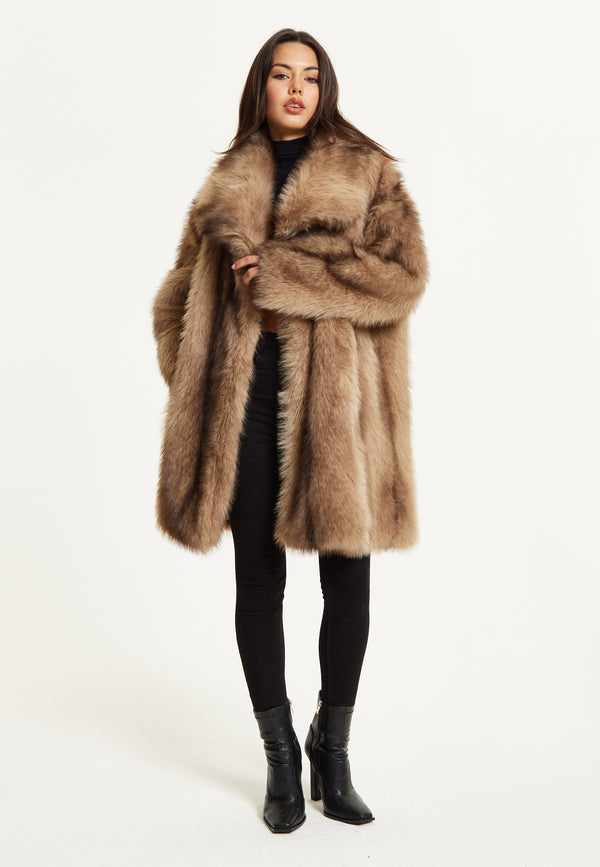 Liquorish Camel Faux Fur Midi Coat