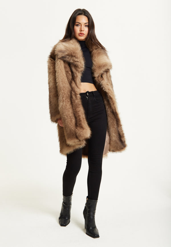 Liquorish Camel Faux Fur Midi Coat