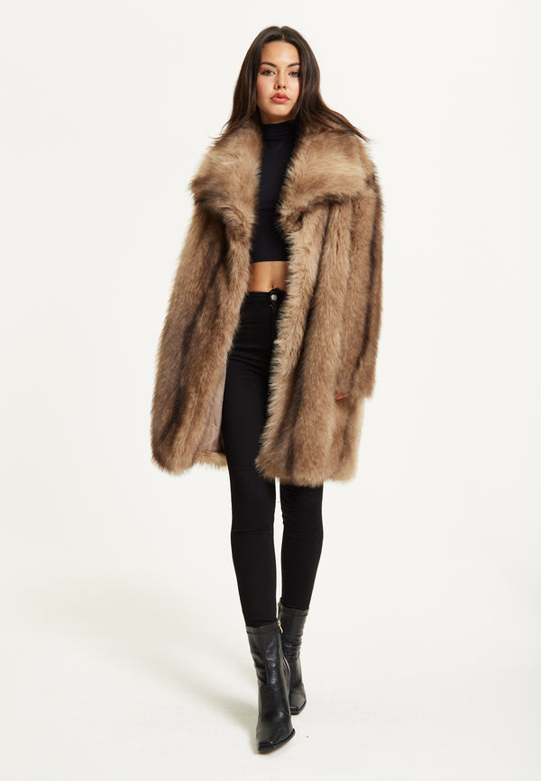 Liquorish Camel Faux Fur Midi Coat